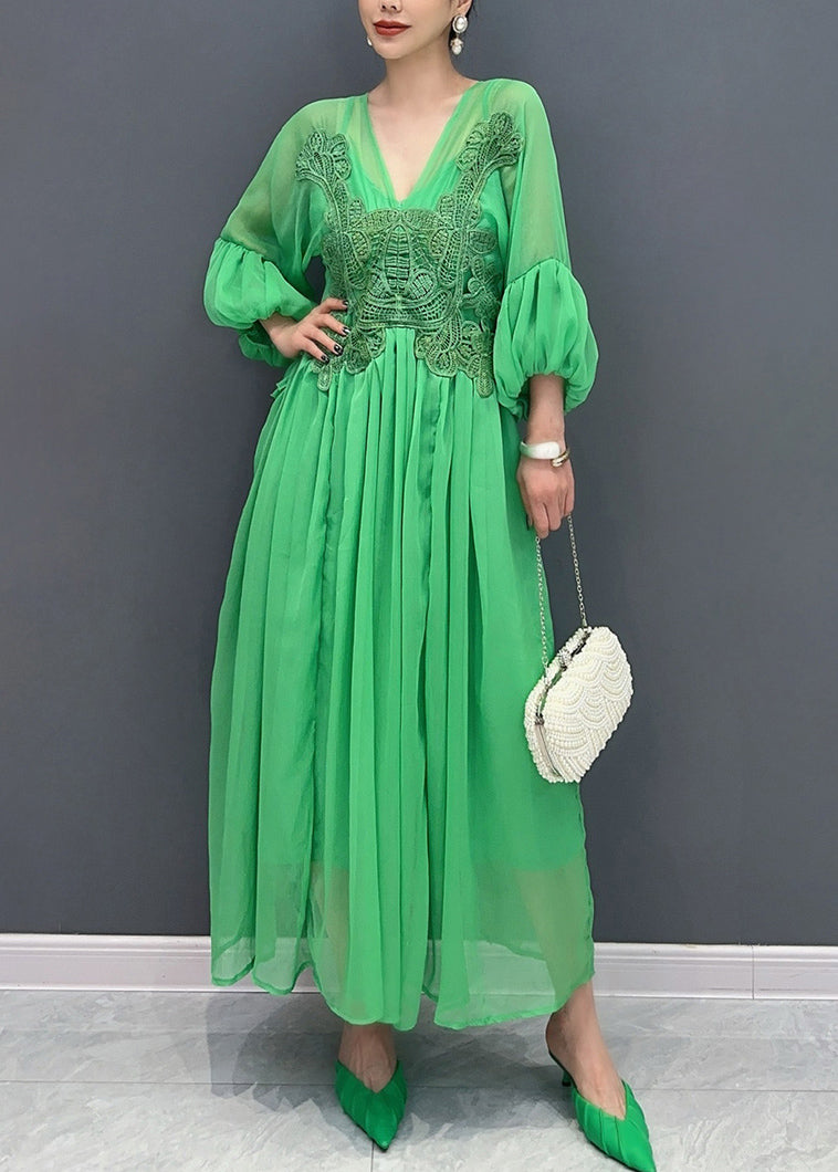 Chiffon Deep V-Neck Balloon Sleeve Lace Appliqué Pleated Waist Maxi Dress