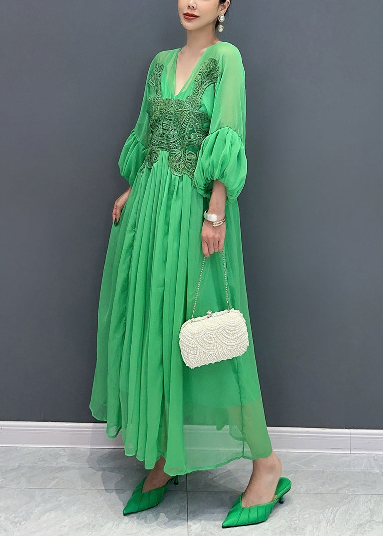 Chiffon Deep V-Neck Balloon Sleeve Lace Appliqué Pleated Waist Maxi Dress