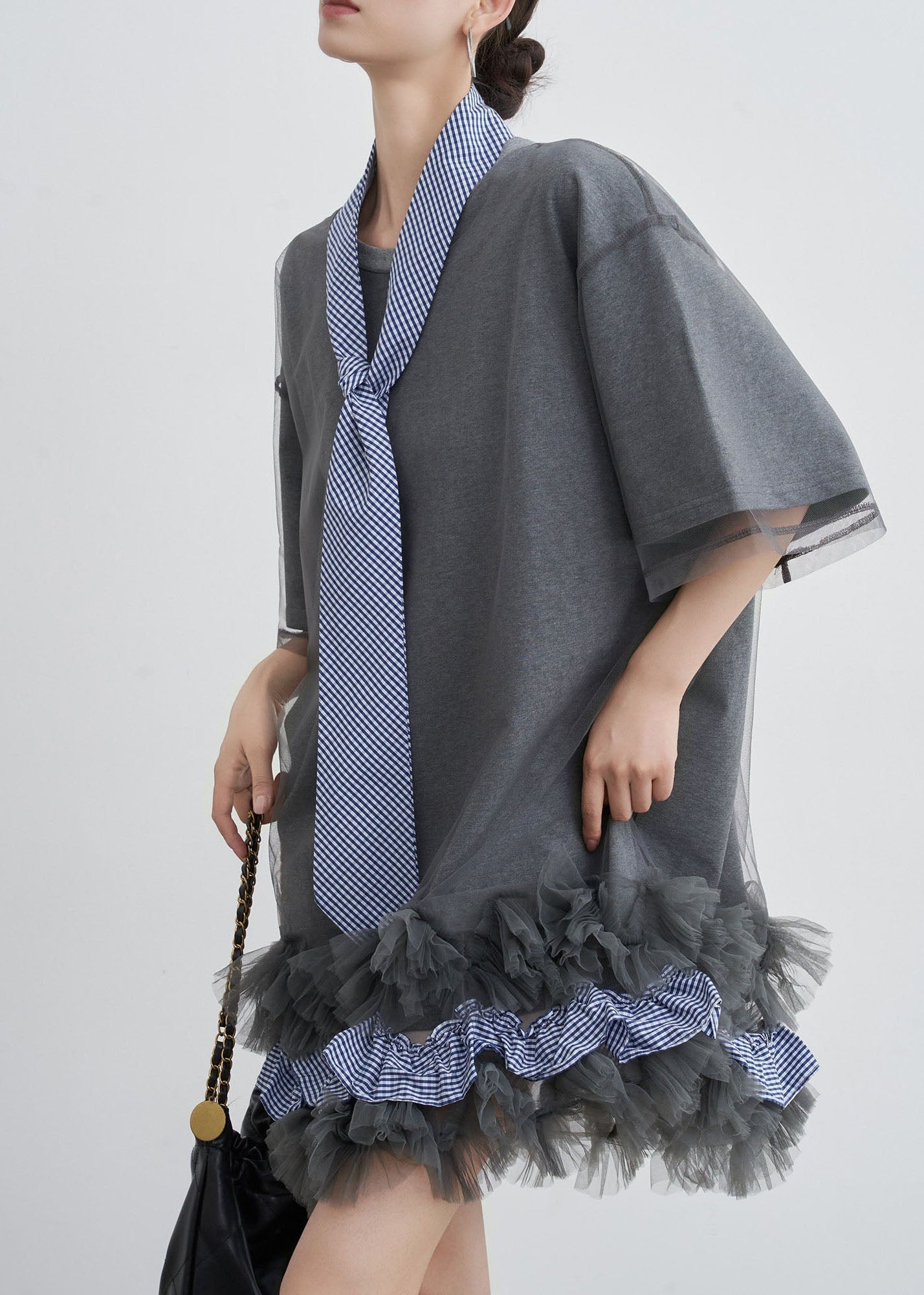 Mesh Overlay Gingham Tie Neck Ruffle Hem T-Shirt Dress