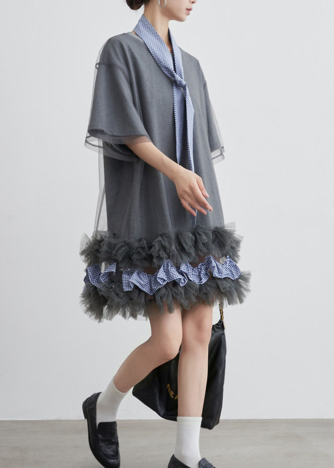 Mesh Overlay Gingham Tie Neck Ruffle Hem T-Shirt Dress