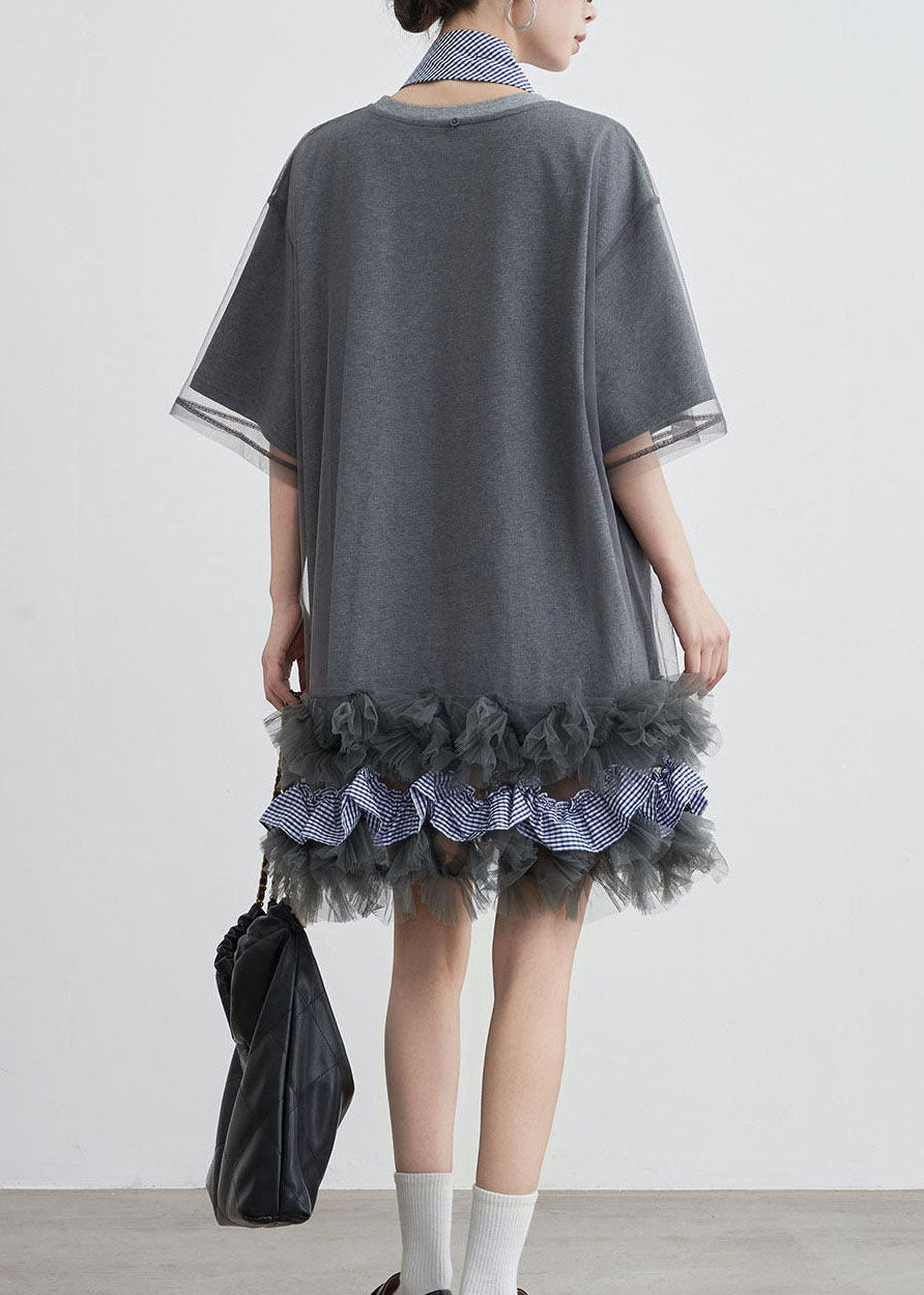 Mesh Overlay Gingham Tie Neck Ruffle Hem T-Shirt Dress