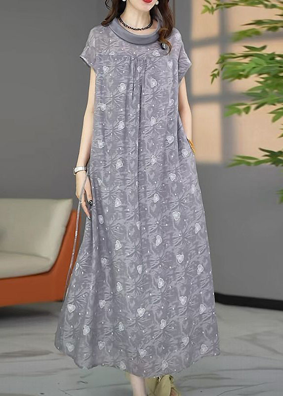 Stylish Grey Oversized Print Chiffon Maxi Dresses Summer - View 3