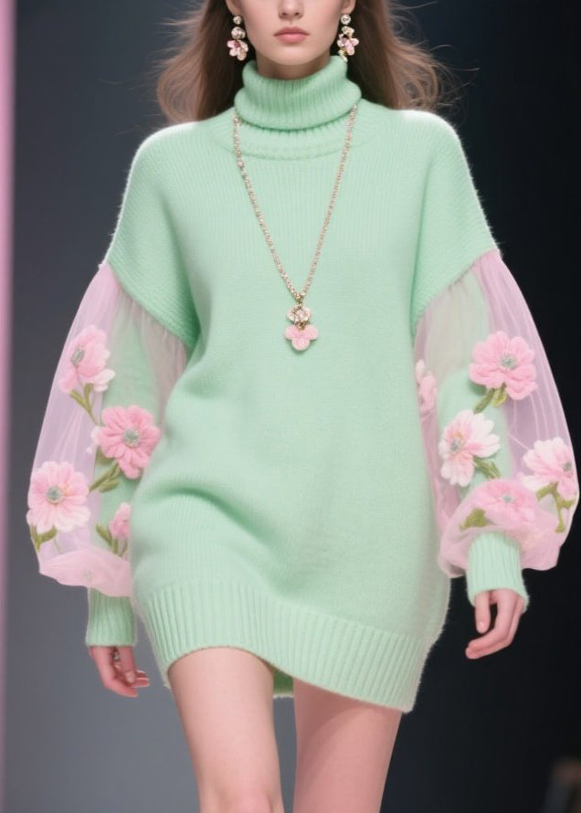 Tulle Floral Puff Sleeve Turtleneck Knit Patchwork Mini Dress