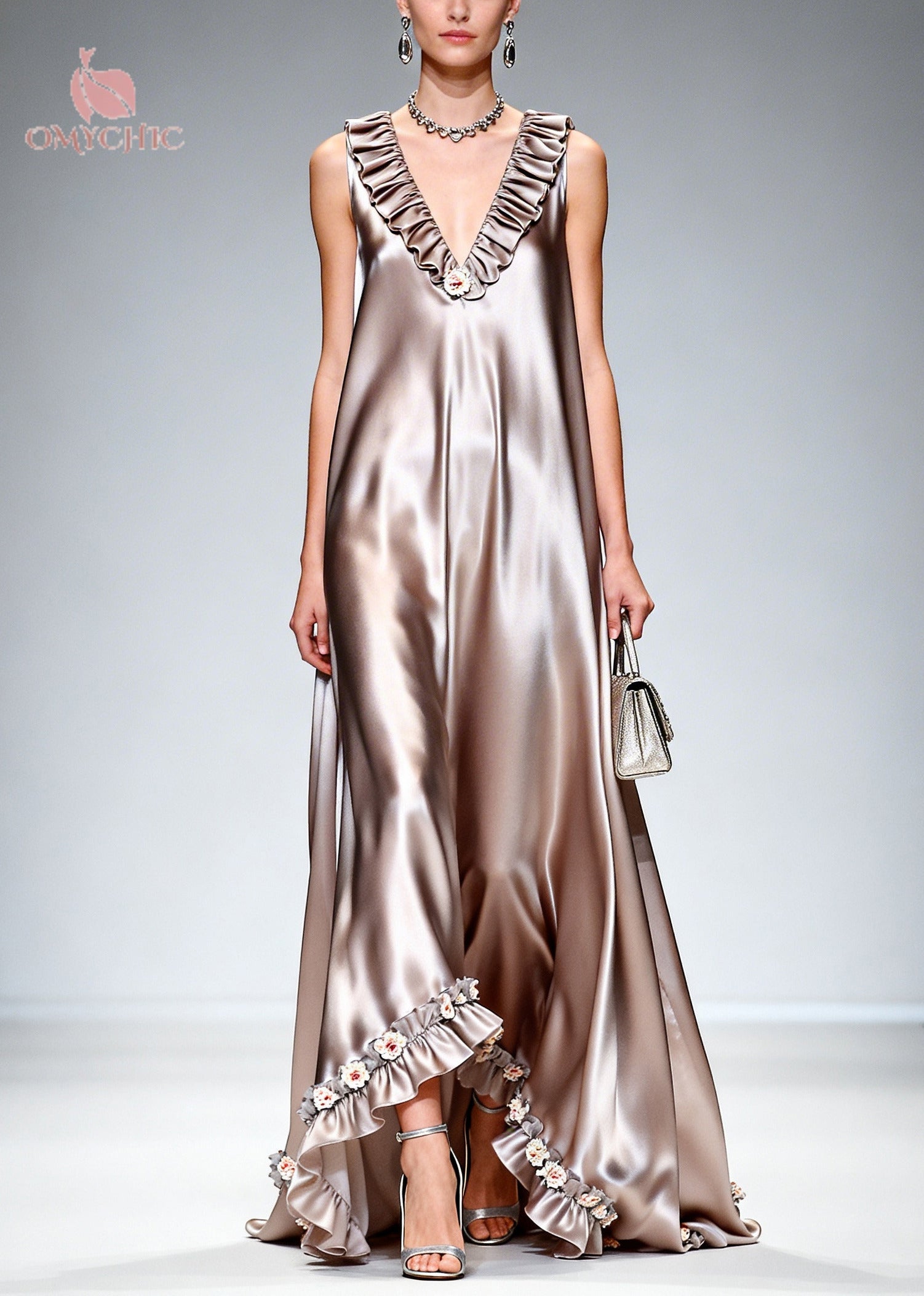 Ruffle Trim Deep V-Neck Floral Appliqué High Low Hem Sleeveless Maxi Gown