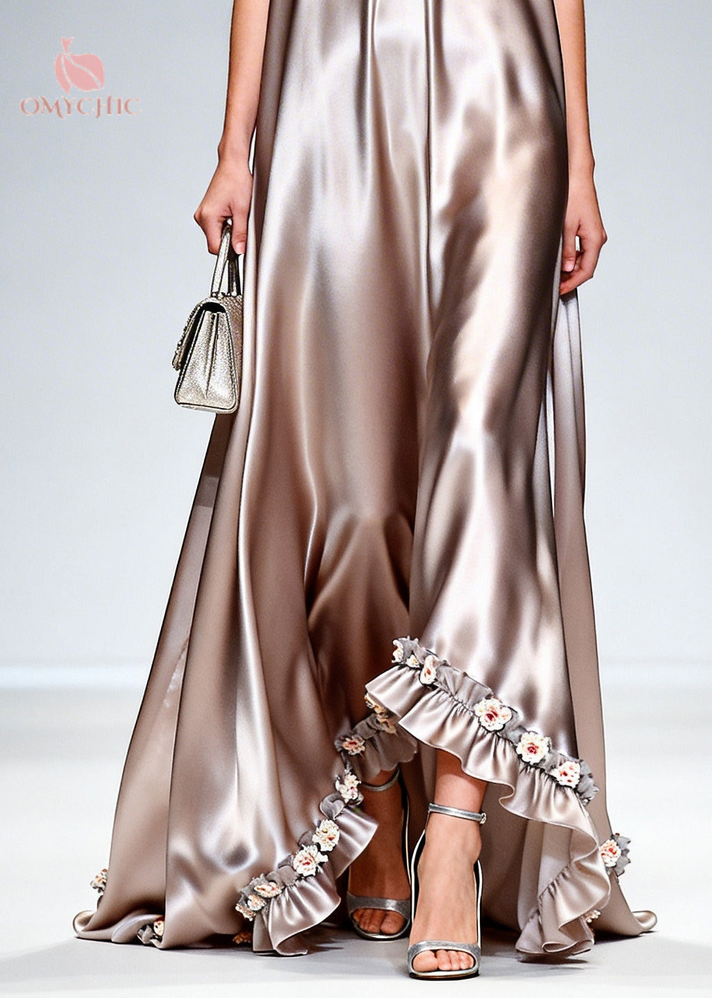 Ruffle Trim Deep V-Neck Floral Appliqué High Low Hem Sleeveless Maxi Gown