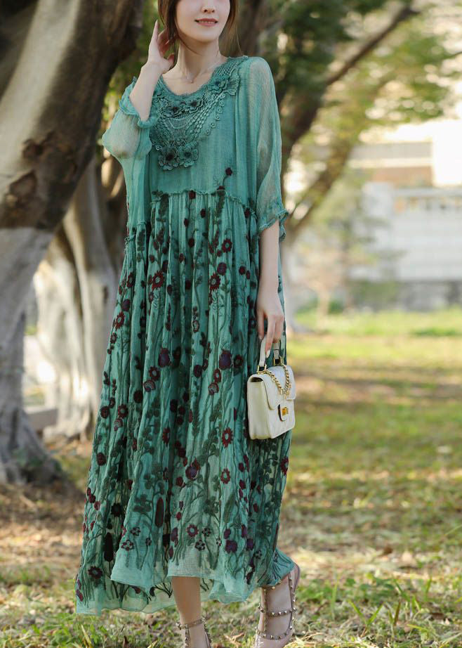 Floral Embroidery Lace Collar Empire Waist Sheer Three Quarter Sleeve Maxi Dress