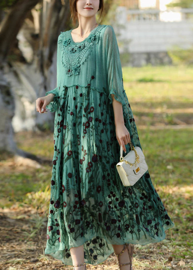 Floral Embroidery Lace Collar Empire Waist Sheer Three Quarter Sleeve Maxi Dress