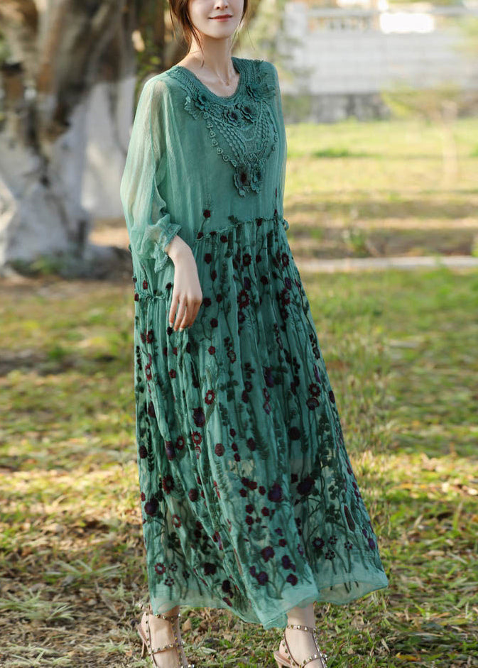 Floral Embroidery Lace Collar Empire Waist Sheer Three Quarter Sleeve Maxi Dress