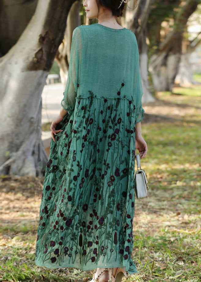 Floral Embroidery Lace Collar Empire Waist Sheer Three Quarter Sleeve Maxi Dress