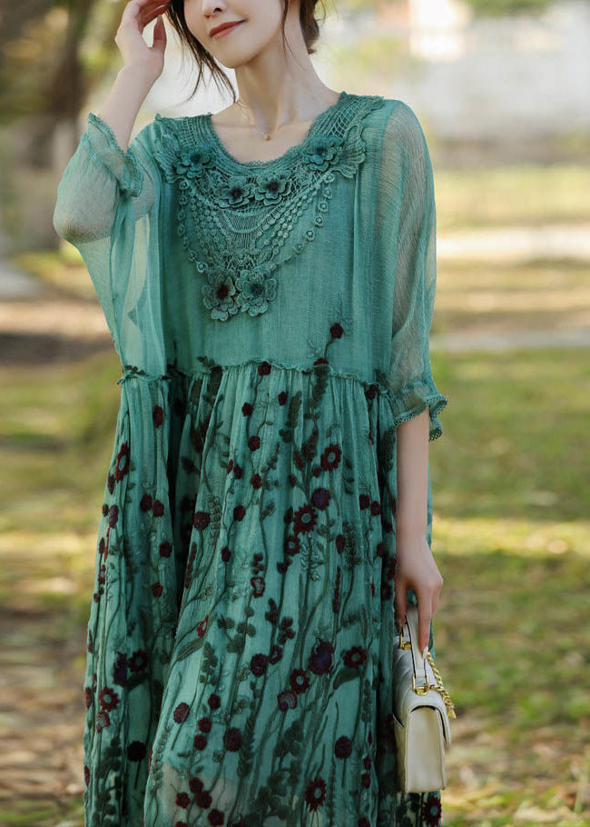 Floral Embroidery Lace Collar Empire Waist Sheer Three Quarter Sleeve Maxi Dress