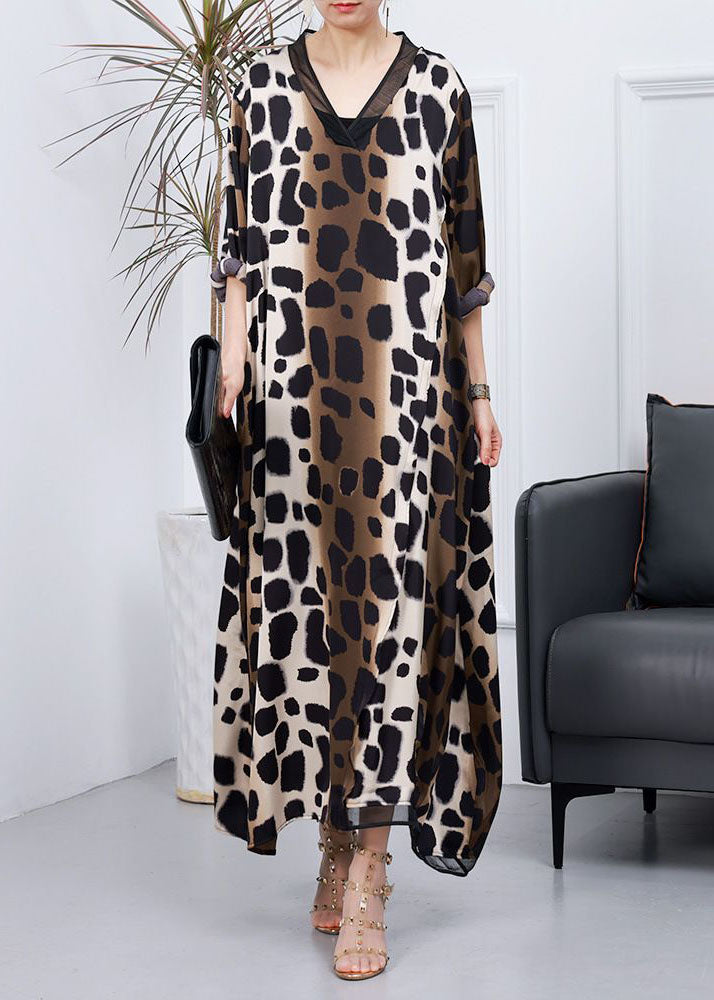Animal Print Deep V-Neck Mesh Trim Long Sleeve Oversized Kaftan Maxi Dress