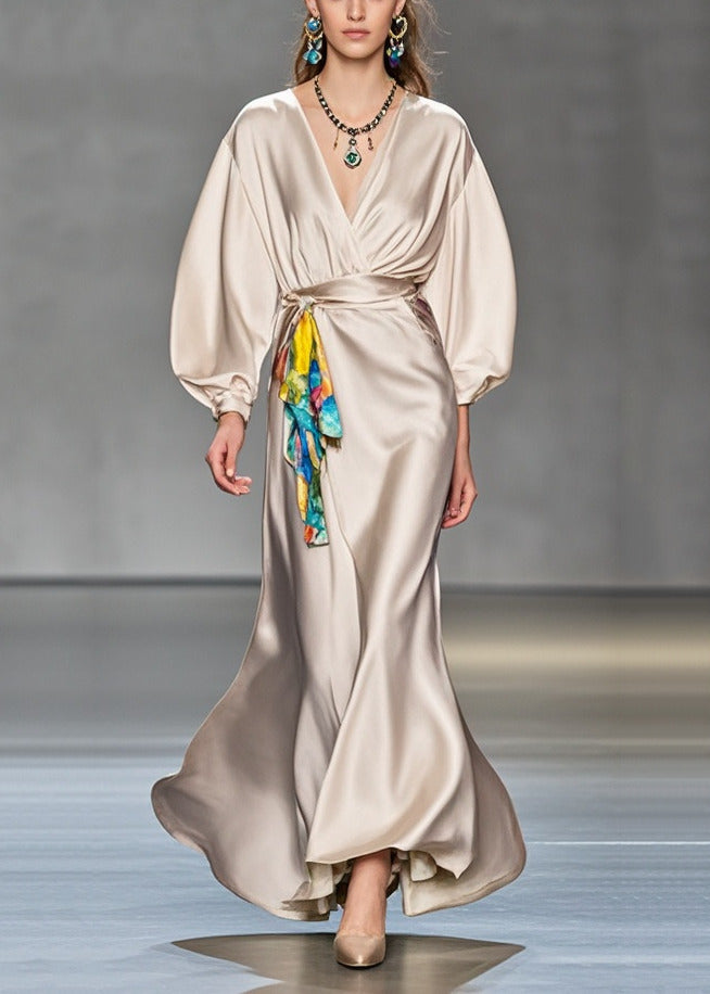 Satin Wrap Deep V-Neck Lantern Sleeve Tie Waist Accent Panel Maxi Gown
