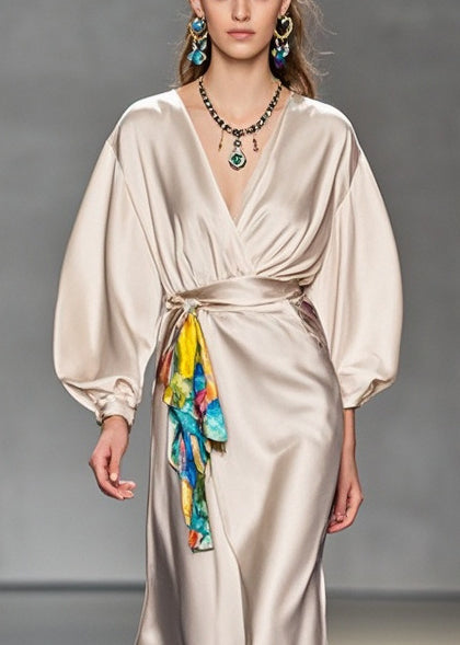 Satin Wrap Deep V-Neck Lantern Sleeve Tie Waist Accent Panel Maxi Gown