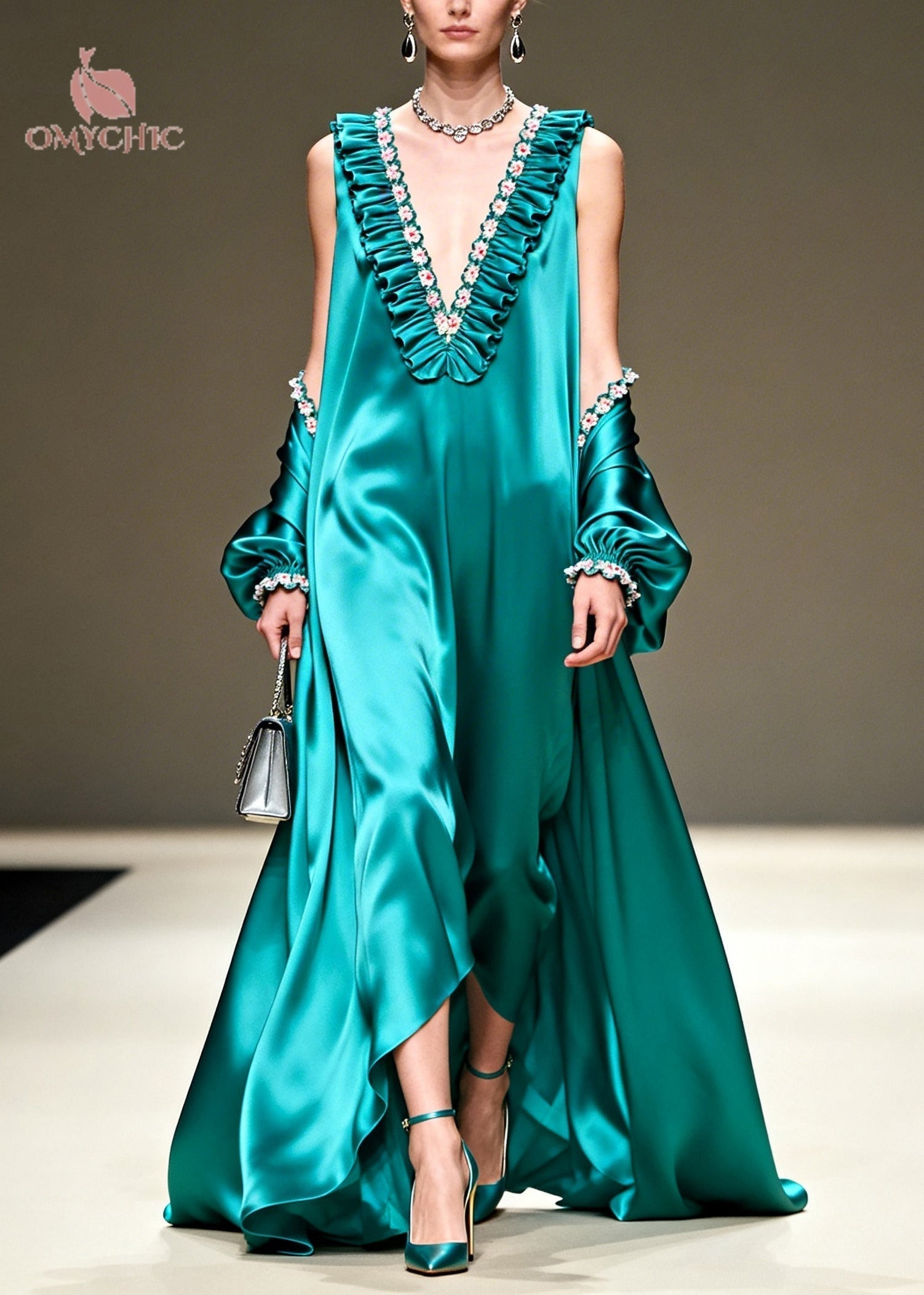 Floral Embroidered Ruffle Trim Deep V-Neck Gown Open Coat Puff Sleeve Two-Piece Set
