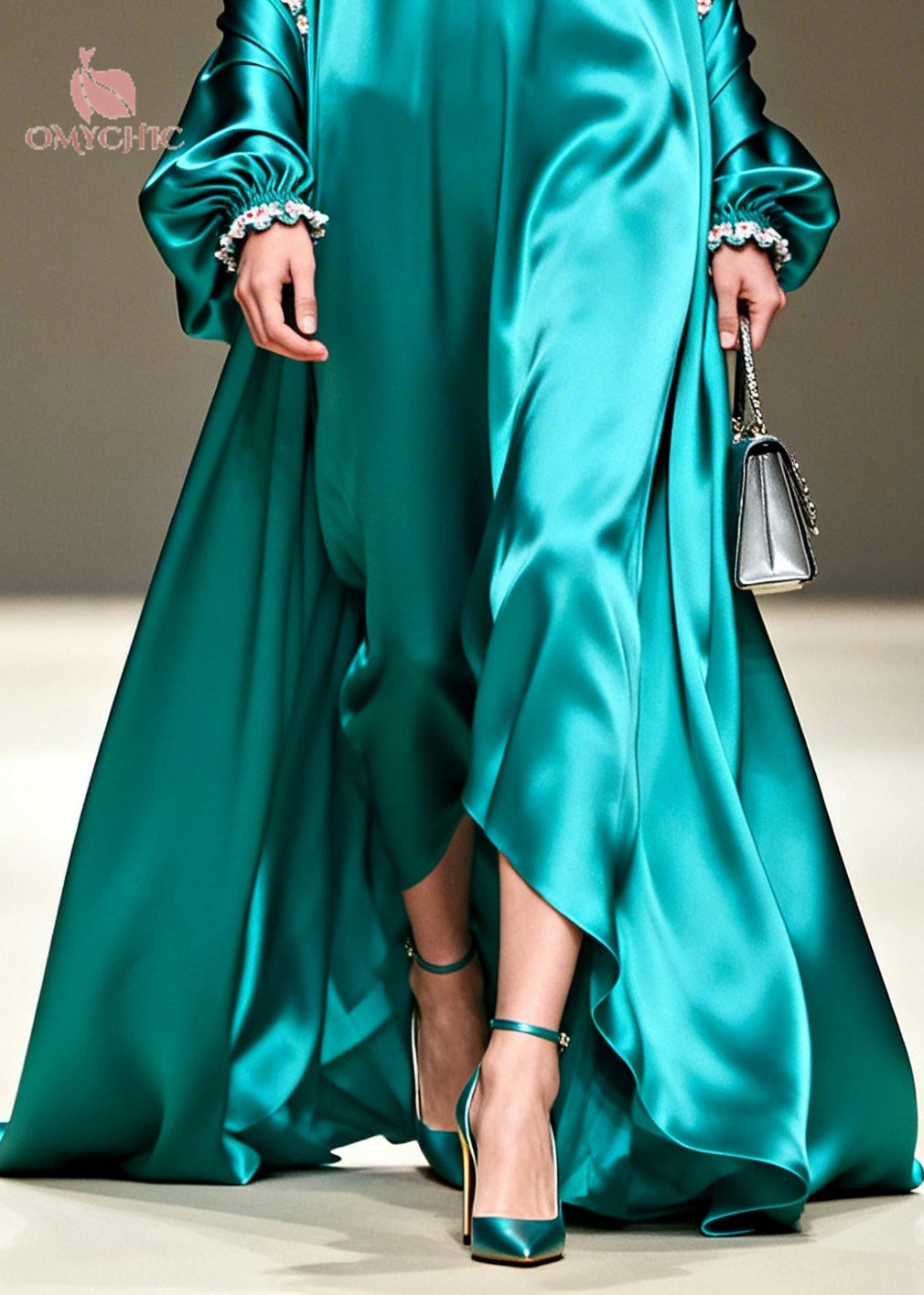 Floral Embroidered Ruffle Trim Deep V-Neck Gown Open Coat Puff Sleeve Two-Piece Set