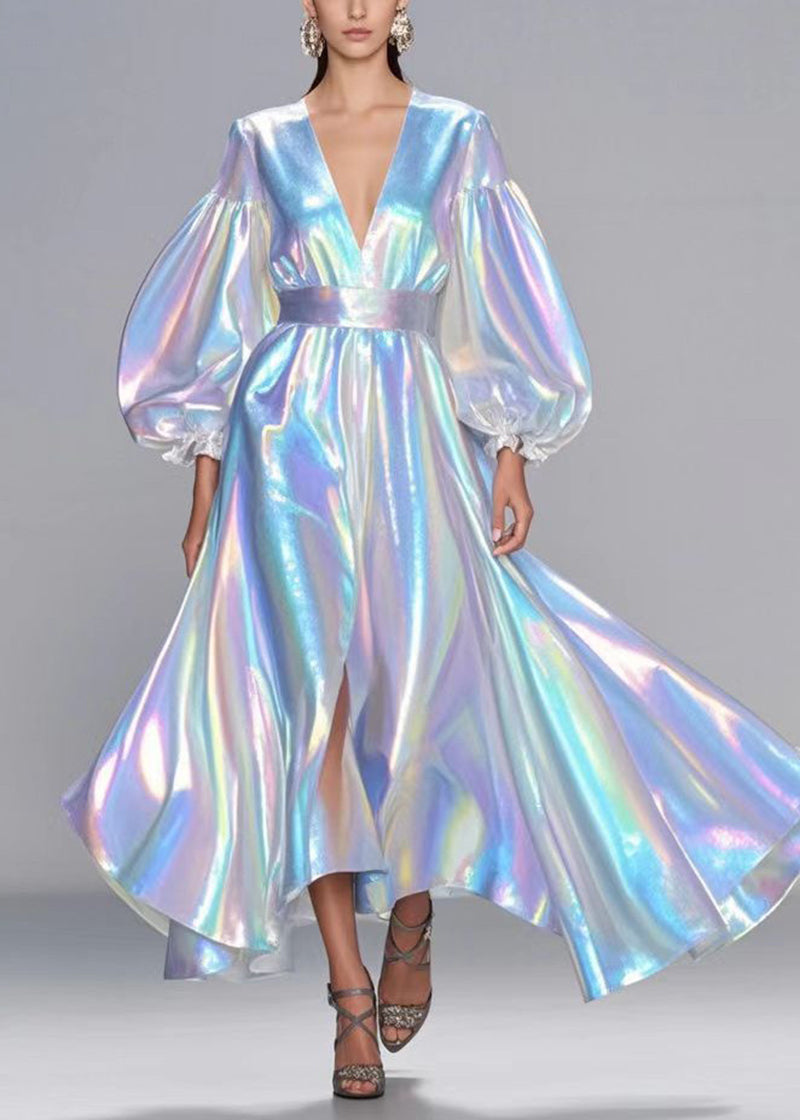 Sequin Deep V-Neck Puff Sleeve High Split Iridescent Maxi Gown