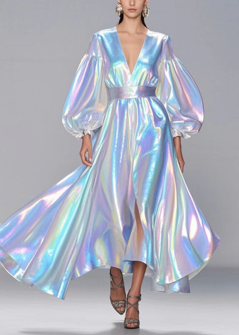 Sequin Deep V-Neck Puff Sleeve High Split Iridescent Maxi Gown