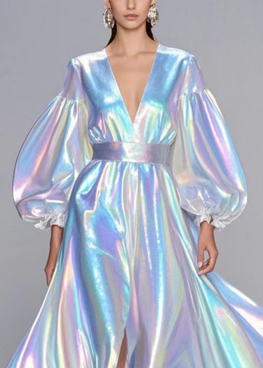 Sequin Deep V-Neck Puff Sleeve High Split Iridescent Maxi Gown