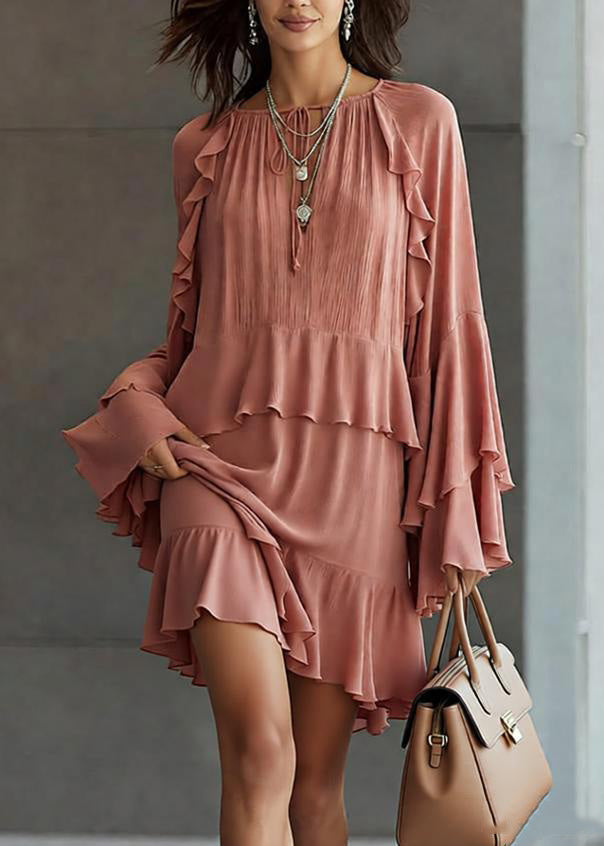 Stylish Pink Ruffled Patchwork Chiffon Mid Dress Spring 5