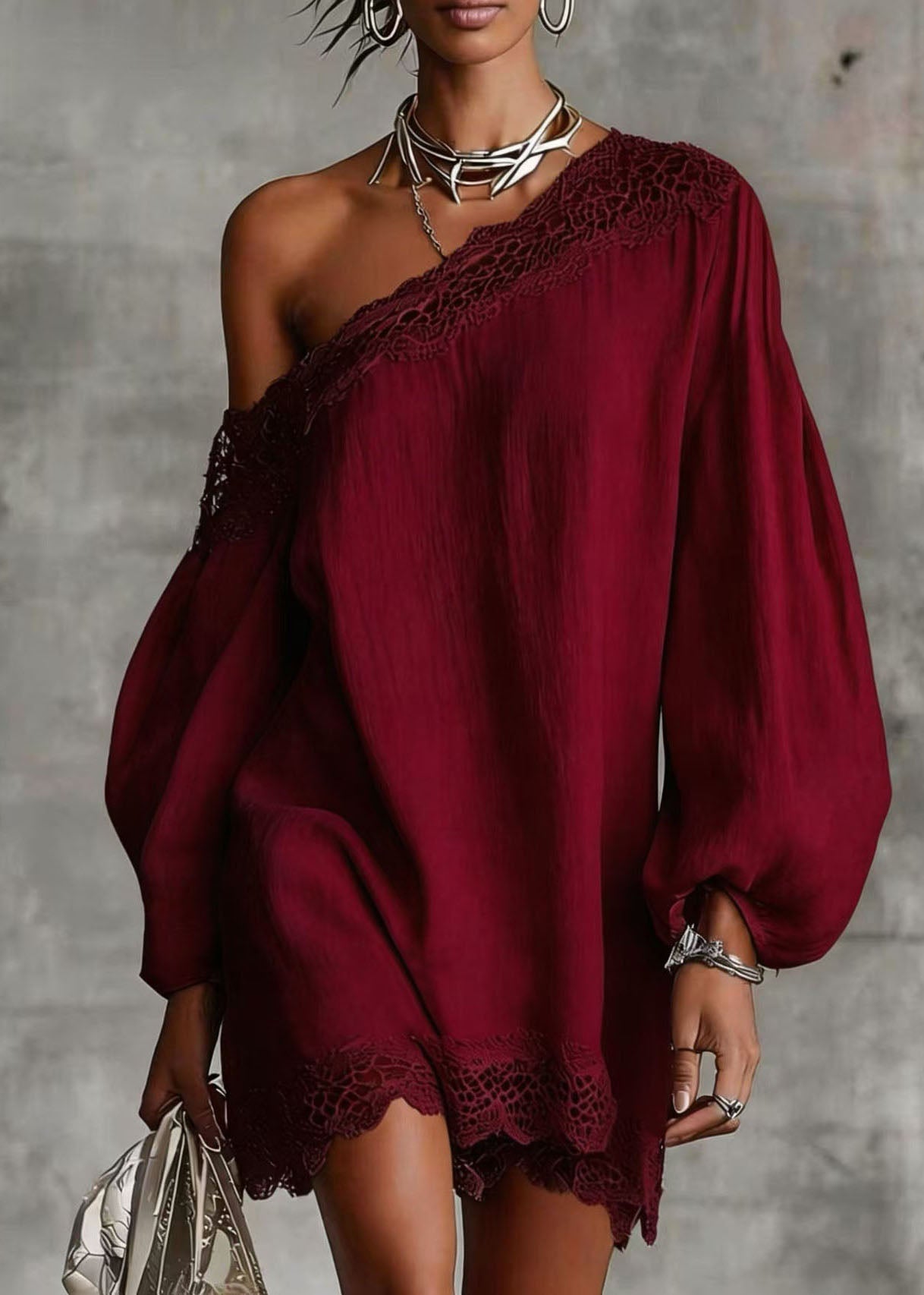 One Shoulder Long Balloon Sleeve Lace Trim Shift Mini Dress
