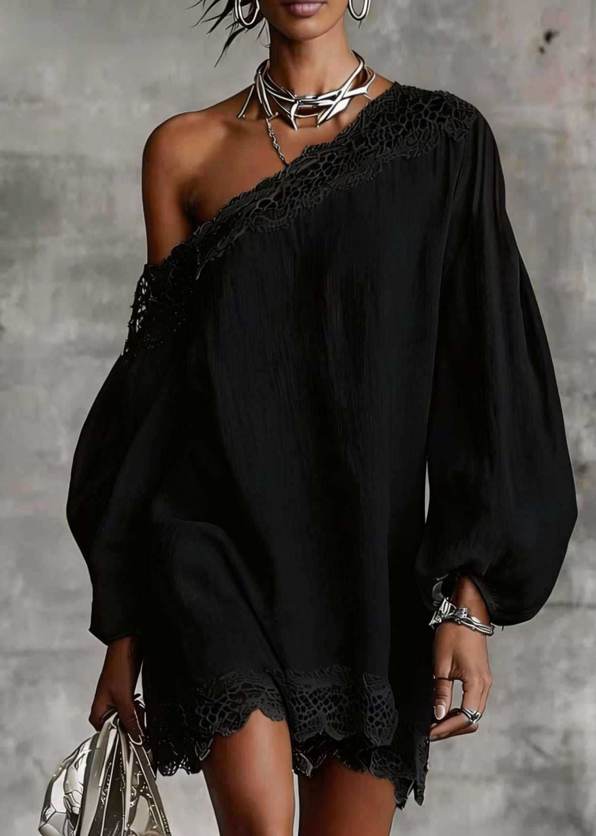 One Shoulder Long Balloon Sleeve Lace Trim Shift Mini Dress