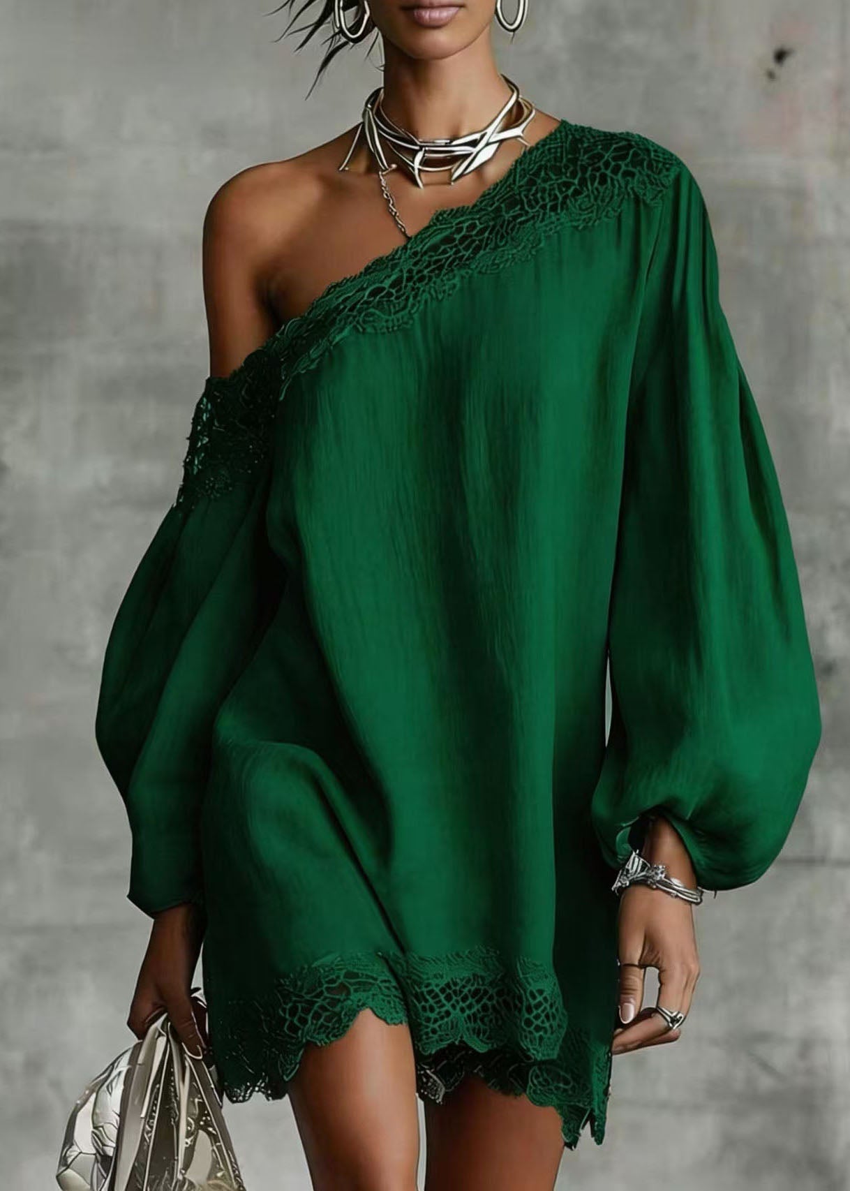 One Shoulder Long Balloon Sleeve Lace Trim Shift Mini Dress