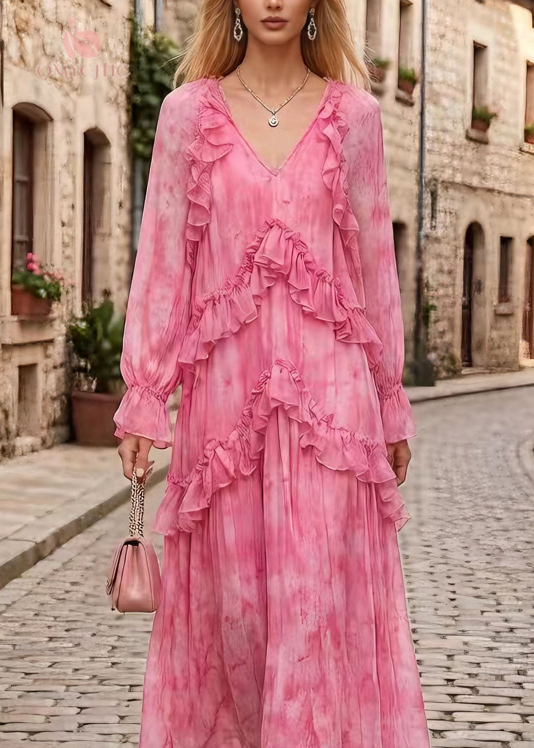 Stylish Pink V Neck Ruffled Patchwork Chiffon Dress Spring - View 2