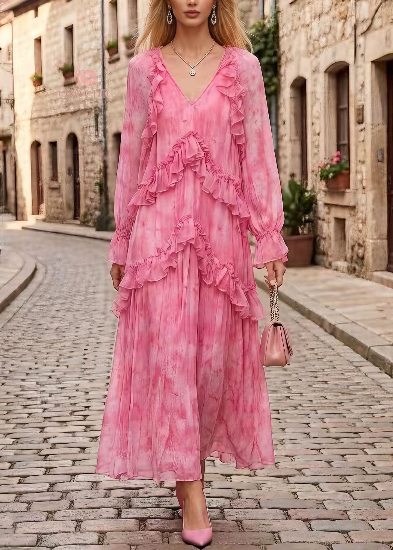 Stylish Pink V Neck Ruffled Patchwork Chiffon Dress Spring - View 3