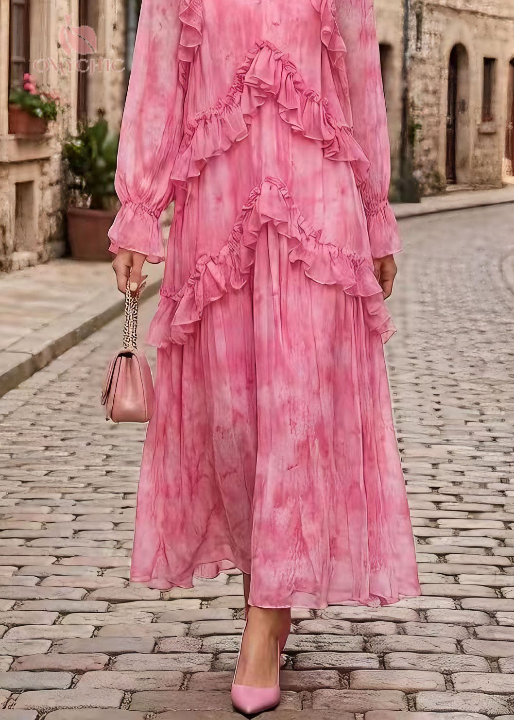 Stylish Pink V Neck Ruffled Patchwork Chiffon Dress Spring - View 4