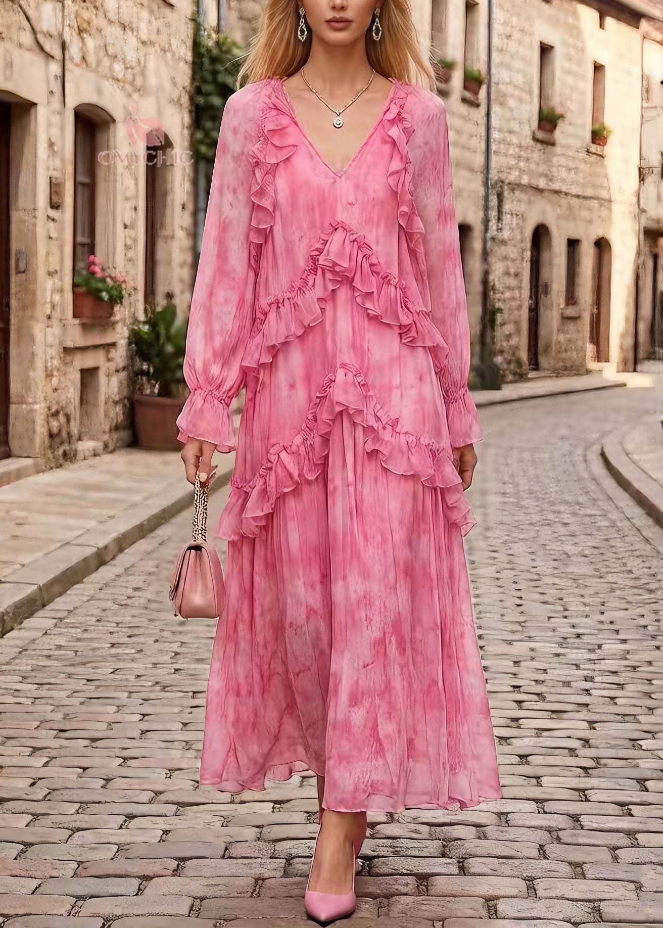 Stylish Pink V Neck Ruffled Patchwork Chiffon Dress Spring - View 5