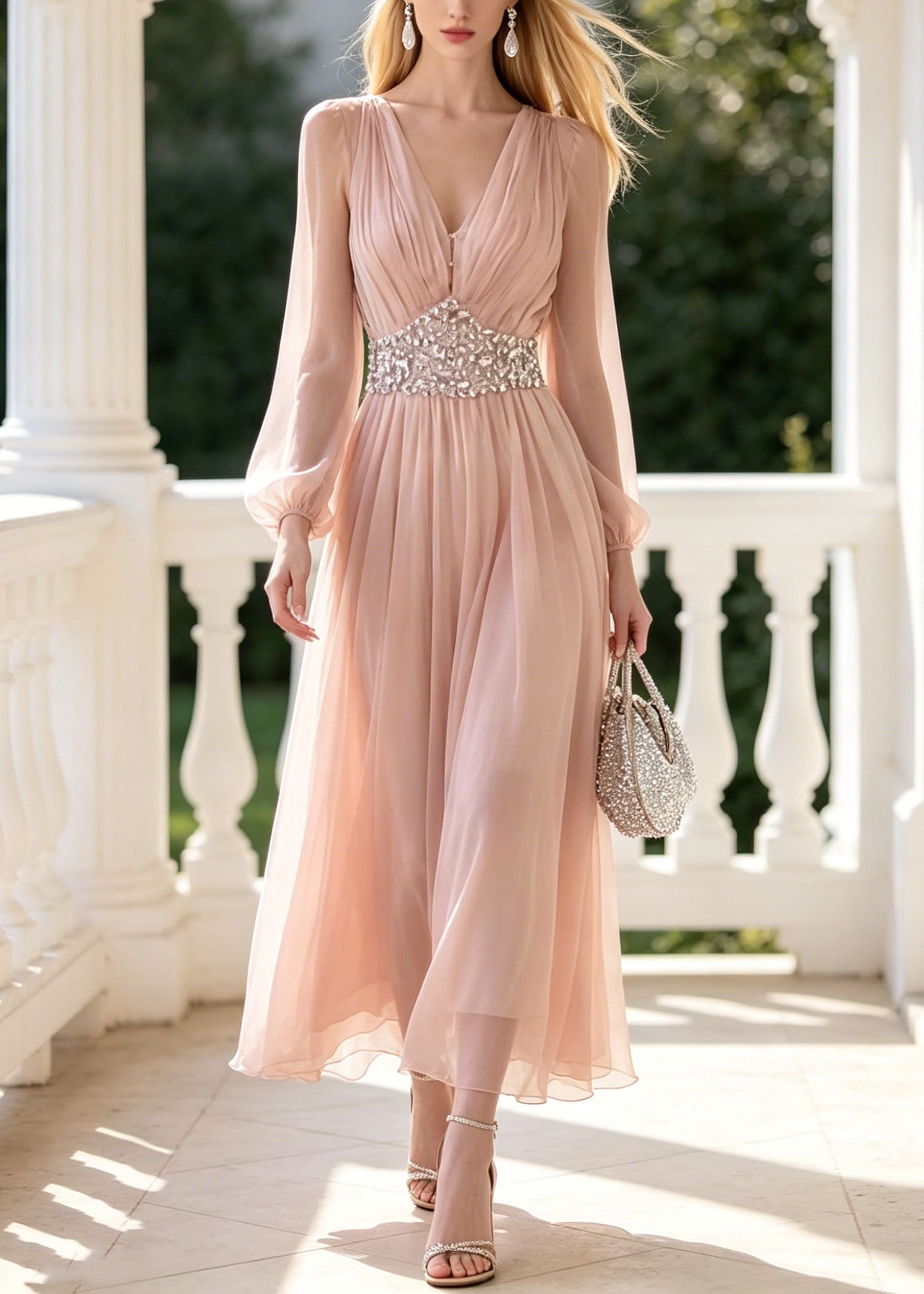 Chiffon V-Neck Long Bishop Sleeve Rhinestone Waist Maxi Gown
