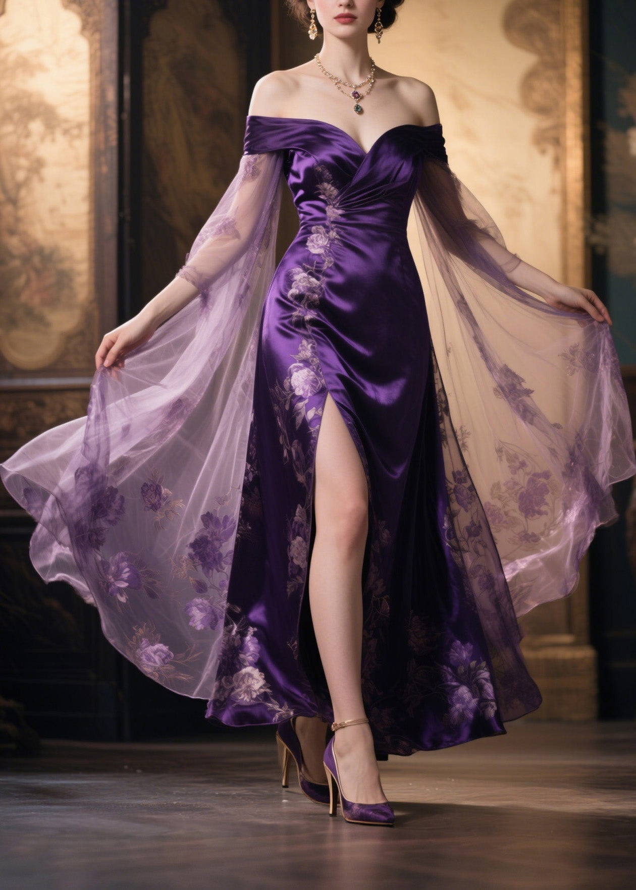 Floral Embroidery Off Shoulder Cape Sleeve High Split Satin Maxi Gown
