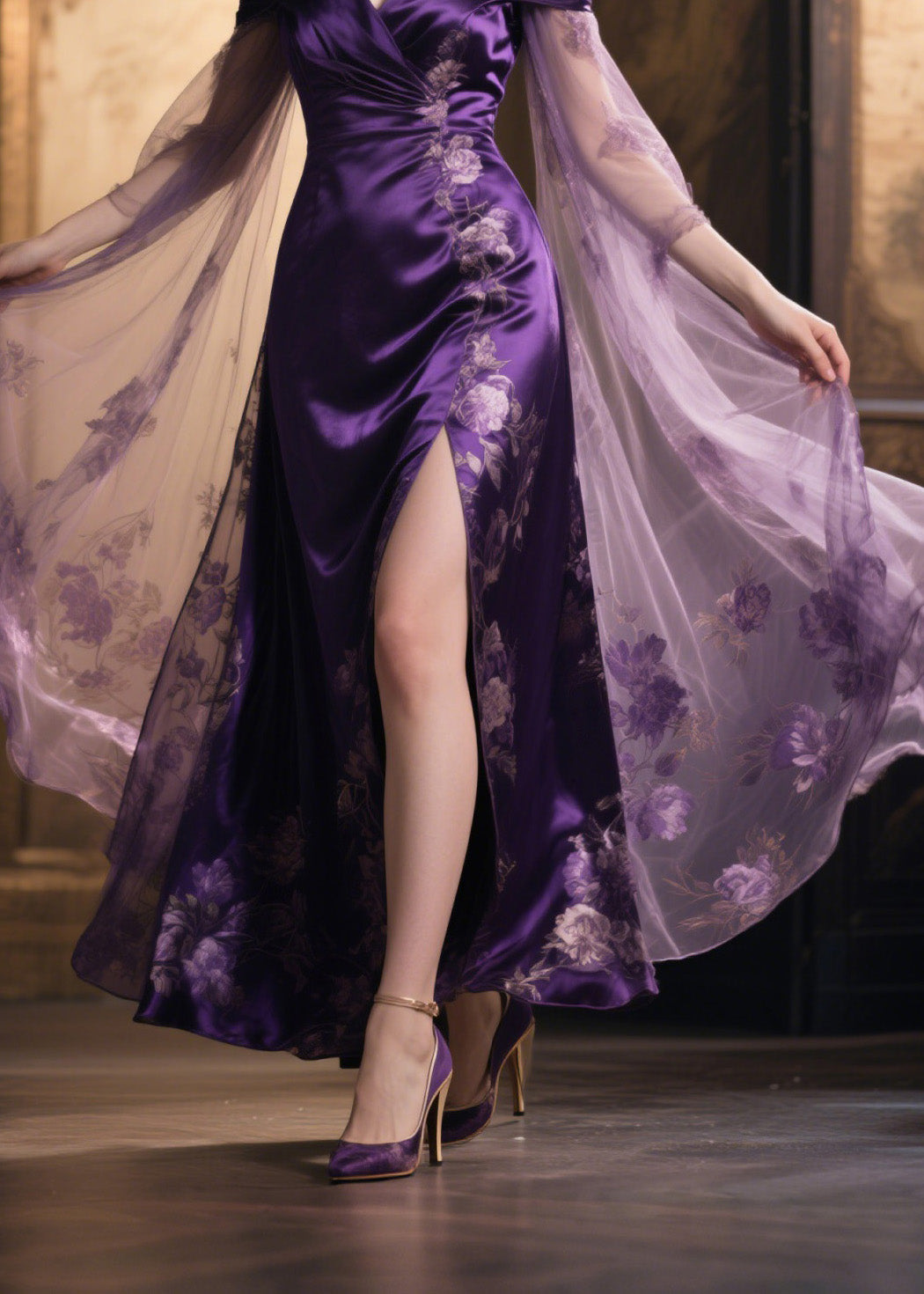 Floral Embroidery Off Shoulder Cape Sleeve High Split Satin Maxi Gown