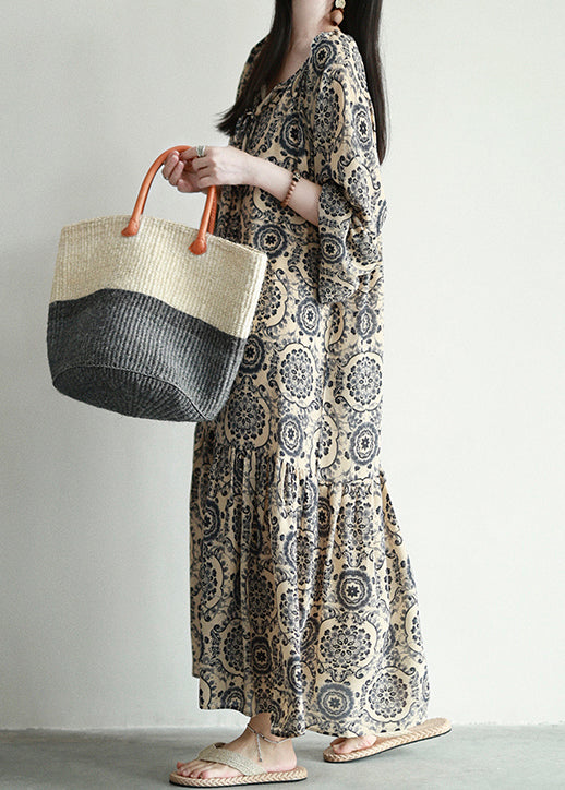 Medallion Print V-Neck Lace Up Tiered Long Sleeve Bohemian Maxi Dress