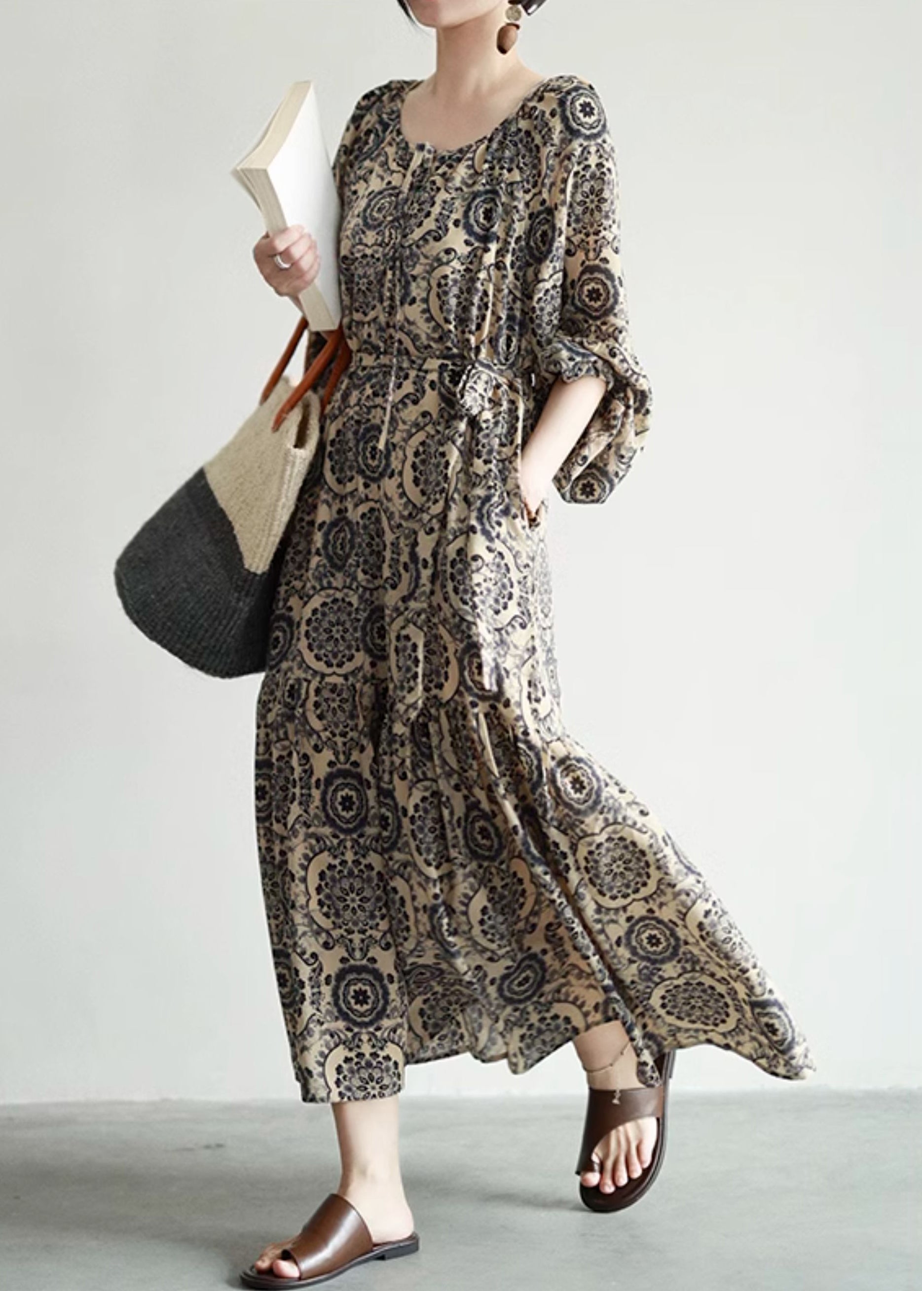 Medallion Print V-Neck Lace Up Tiered Long Sleeve Bohemian Maxi Dress