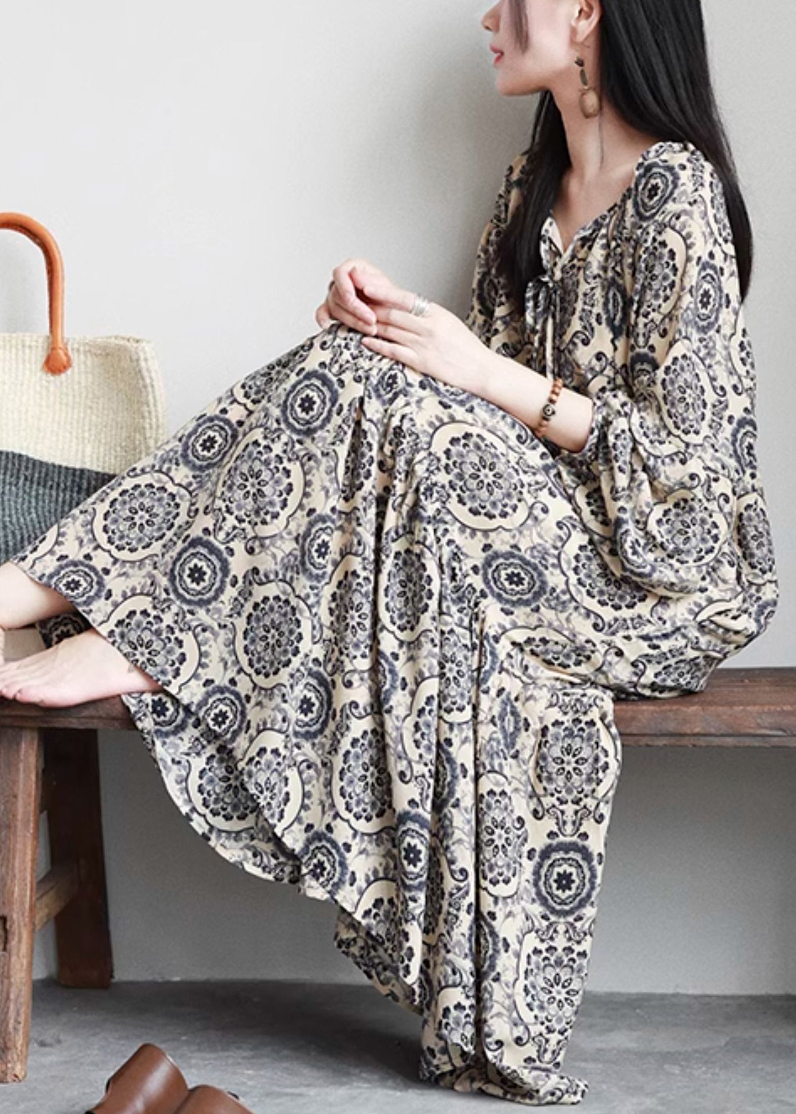 Medallion Print V-Neck Lace Up Tiered Long Sleeve Bohemian Maxi Dress