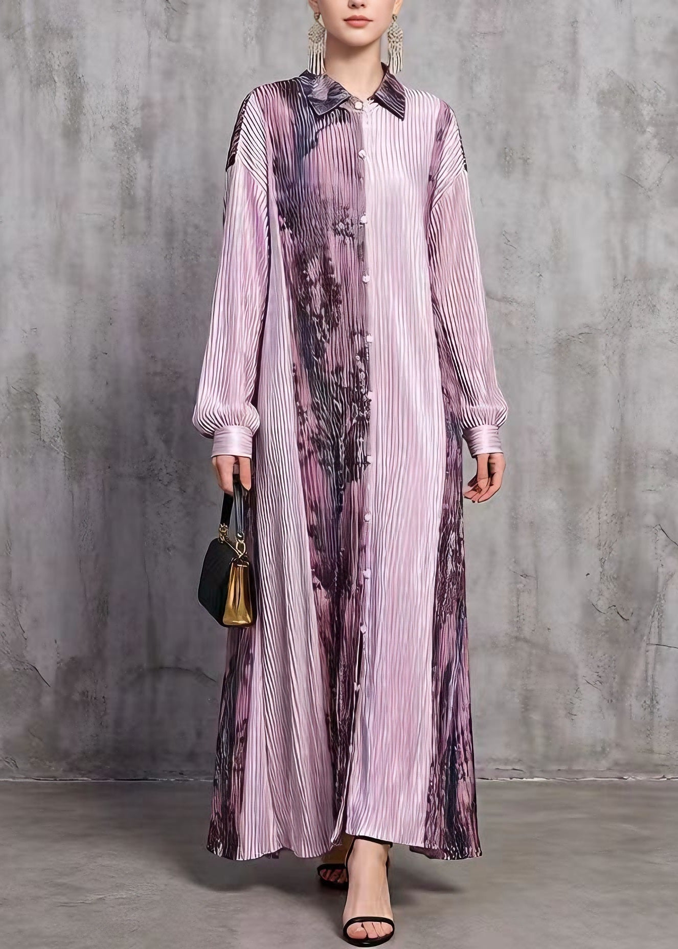 Pleated Pointed Collar Button Front Long Sleeve Abstract Print Maxi Dress