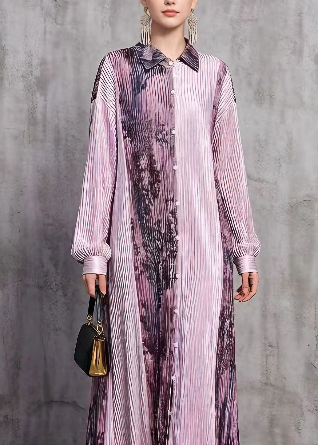Pleated Pointed Collar Button Front Long Sleeve Abstract Print Maxi Dress