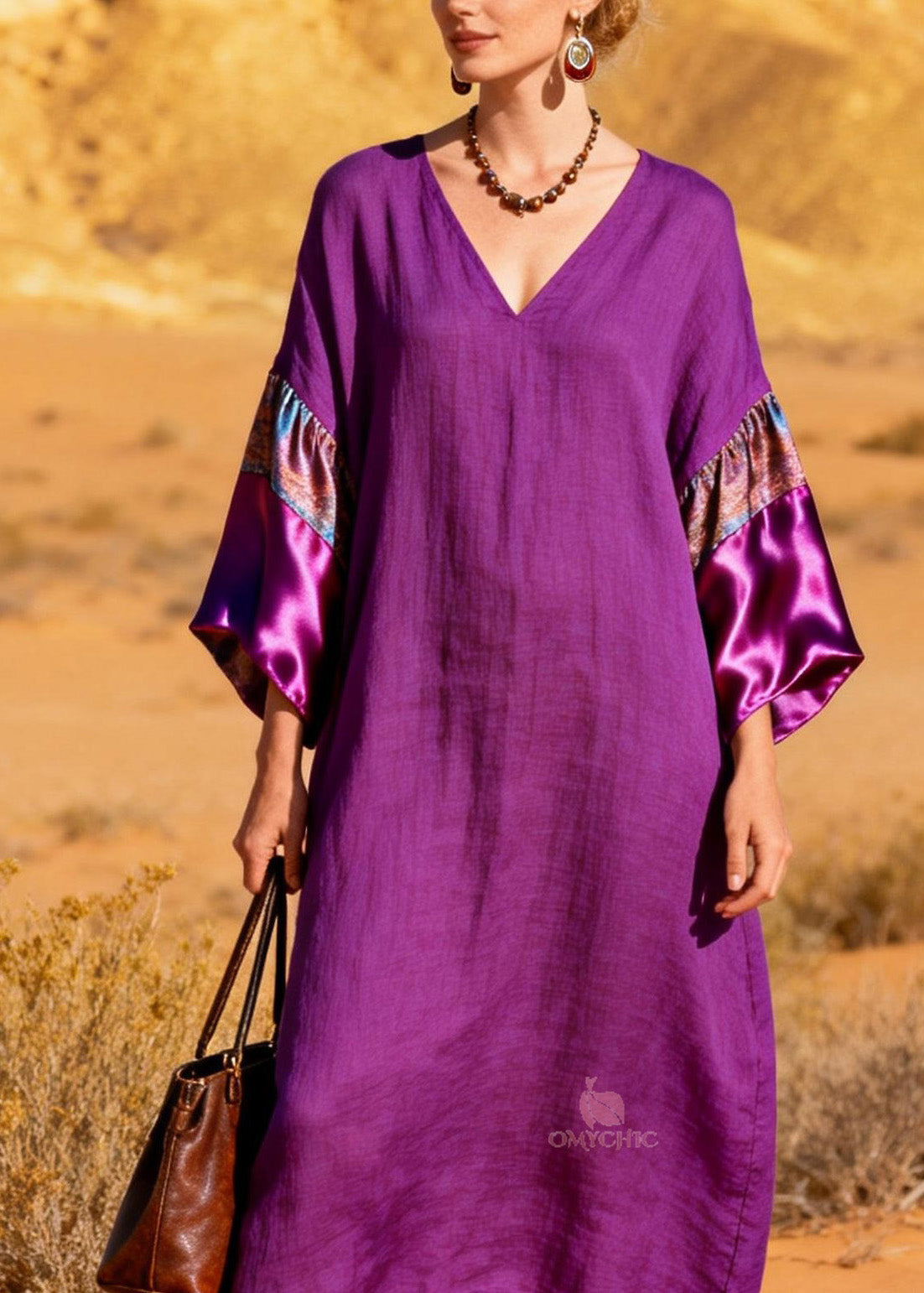 V-Neck Pattern Band Satin Cuff Kimono Sleeve Midi Dress