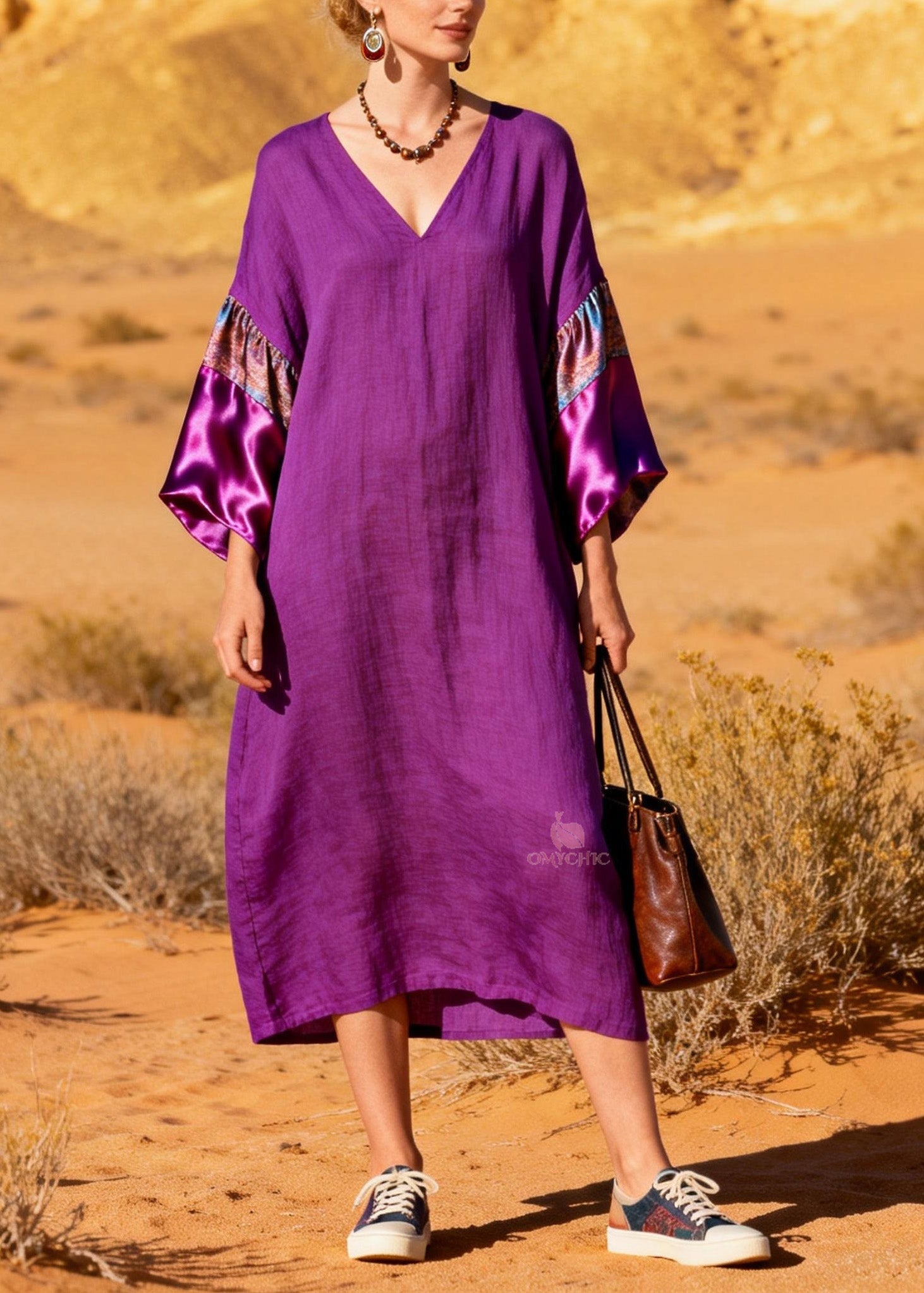 V-Neck Pattern Band Satin Cuff Kimono Sleeve Midi Dress