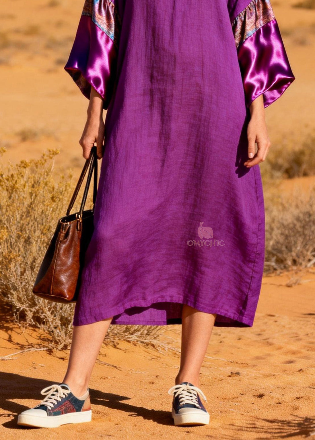 V-Neck Pattern Band Satin Cuff Kimono Sleeve Midi Dress