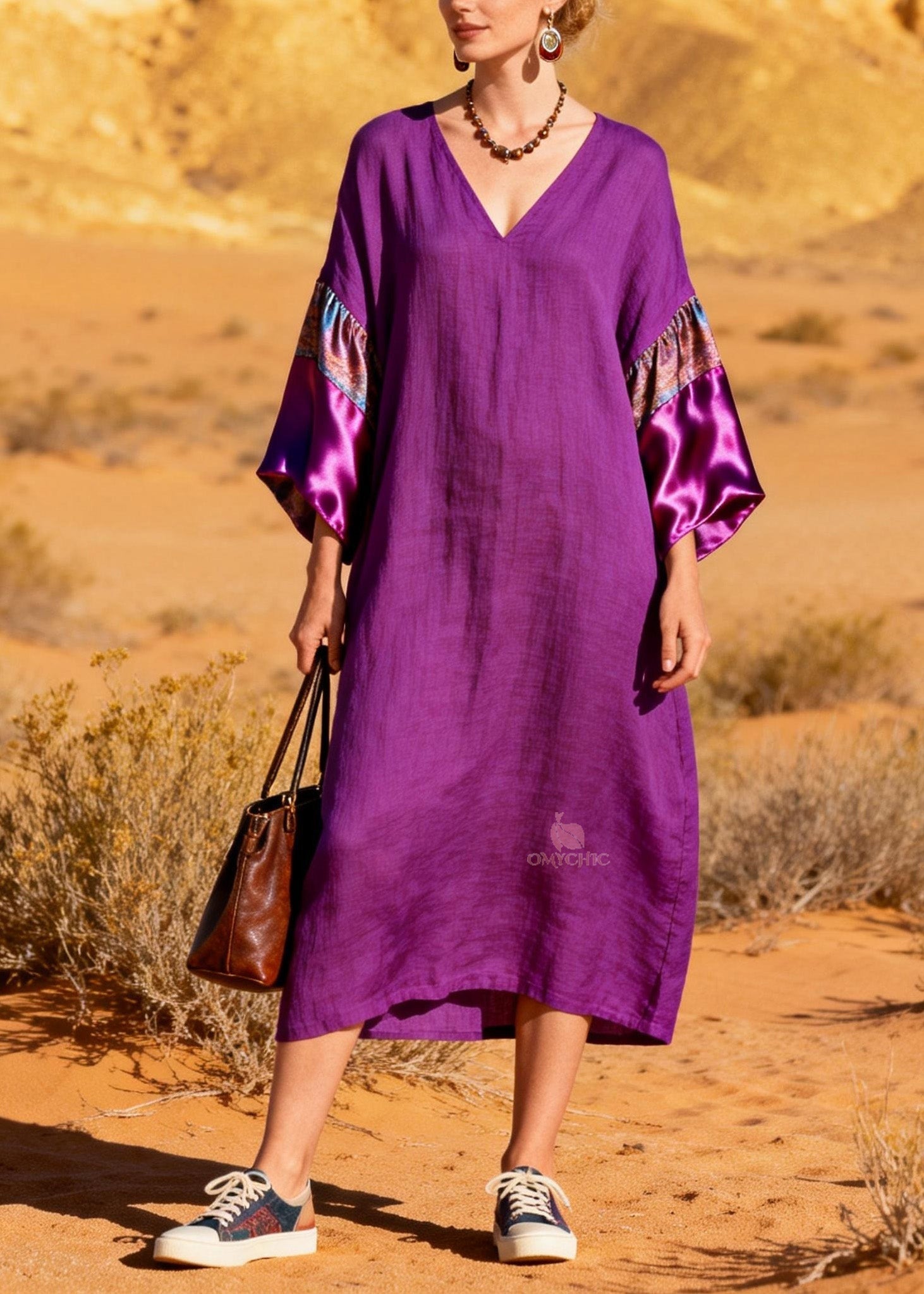 V-Neck Pattern Band Satin Cuff Kimono Sleeve Midi Dress - View 5
