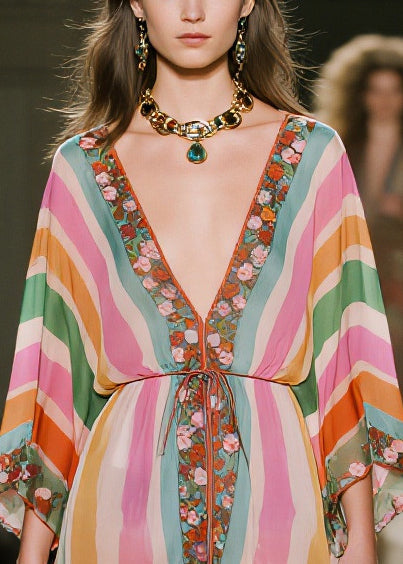 Striped Deep V-Neck Kimono Sleeve Floral Border Drawstring High Low Mini Dress