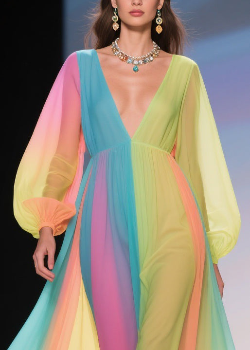 Striped Pleated Chiffon Deep V-Neck Long Sleeve Floral Applique High Low Maxi Gown