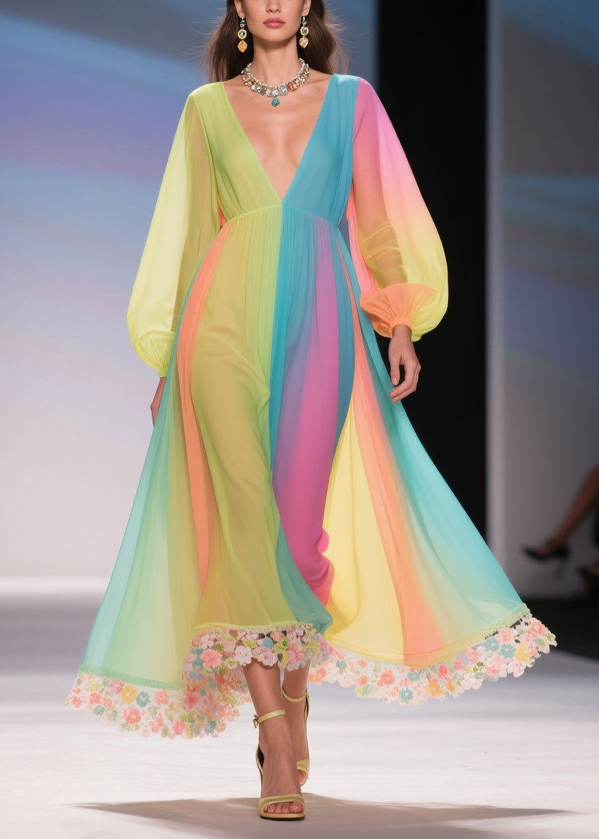 Striped Pleated Chiffon Deep V-Neck Long Sleeve Floral Applique High Low Maxi Gown