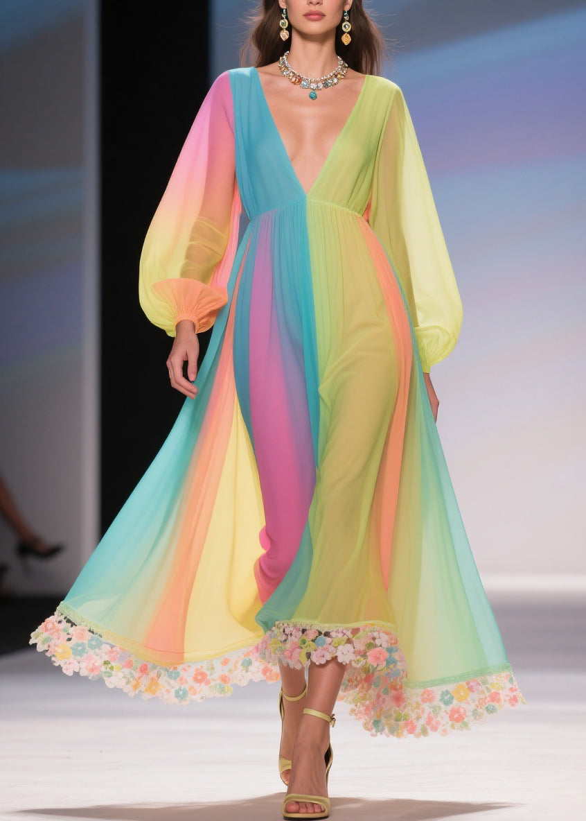 Striped Pleated Chiffon Deep V-Neck Long Sleeve Floral Applique High Low Maxi Gown