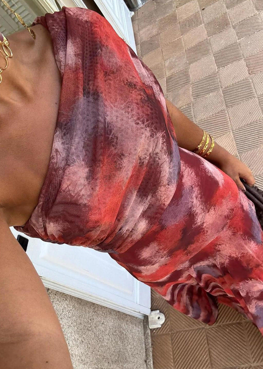 One Shoulder Abstract Print Tulle Draped Ruched Pleated Maxi Dress