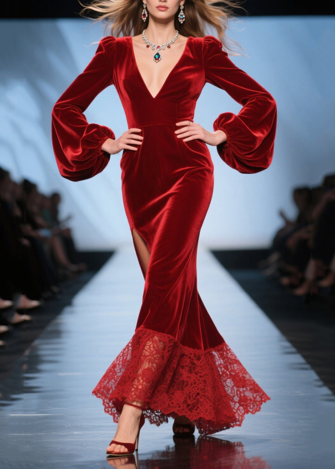 Velvet Deep V-Neck Bishop Sleeve Lace Hem High Split Maxi Gown