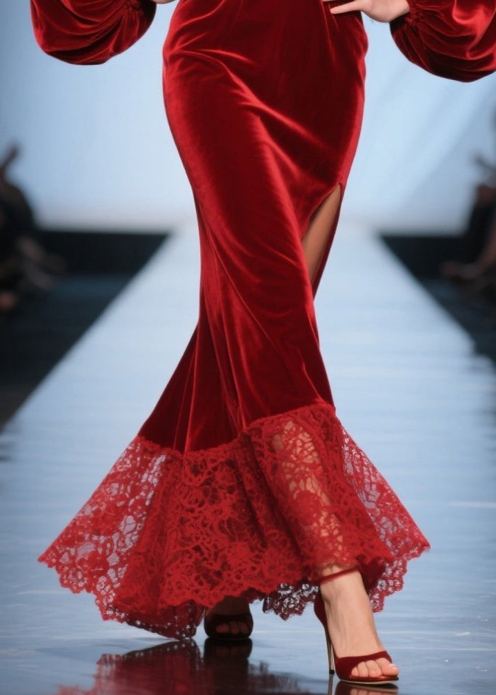 Velvet Deep V-Neck Bishop Sleeve Lace Hem High Split Maxi Gown