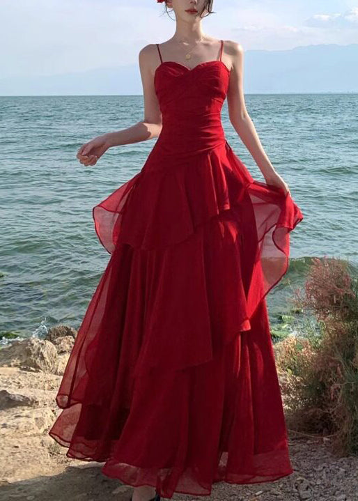Stylish Red Exra Large Hem Chiffon Spaghetti Strap Dress Summer
